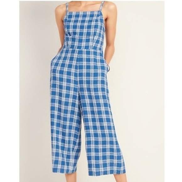 Old Navy Pants - Linen Blend Jumpsuit Blue Plaid Smocked Bodice Sleeveless Wide Leg Crop XL